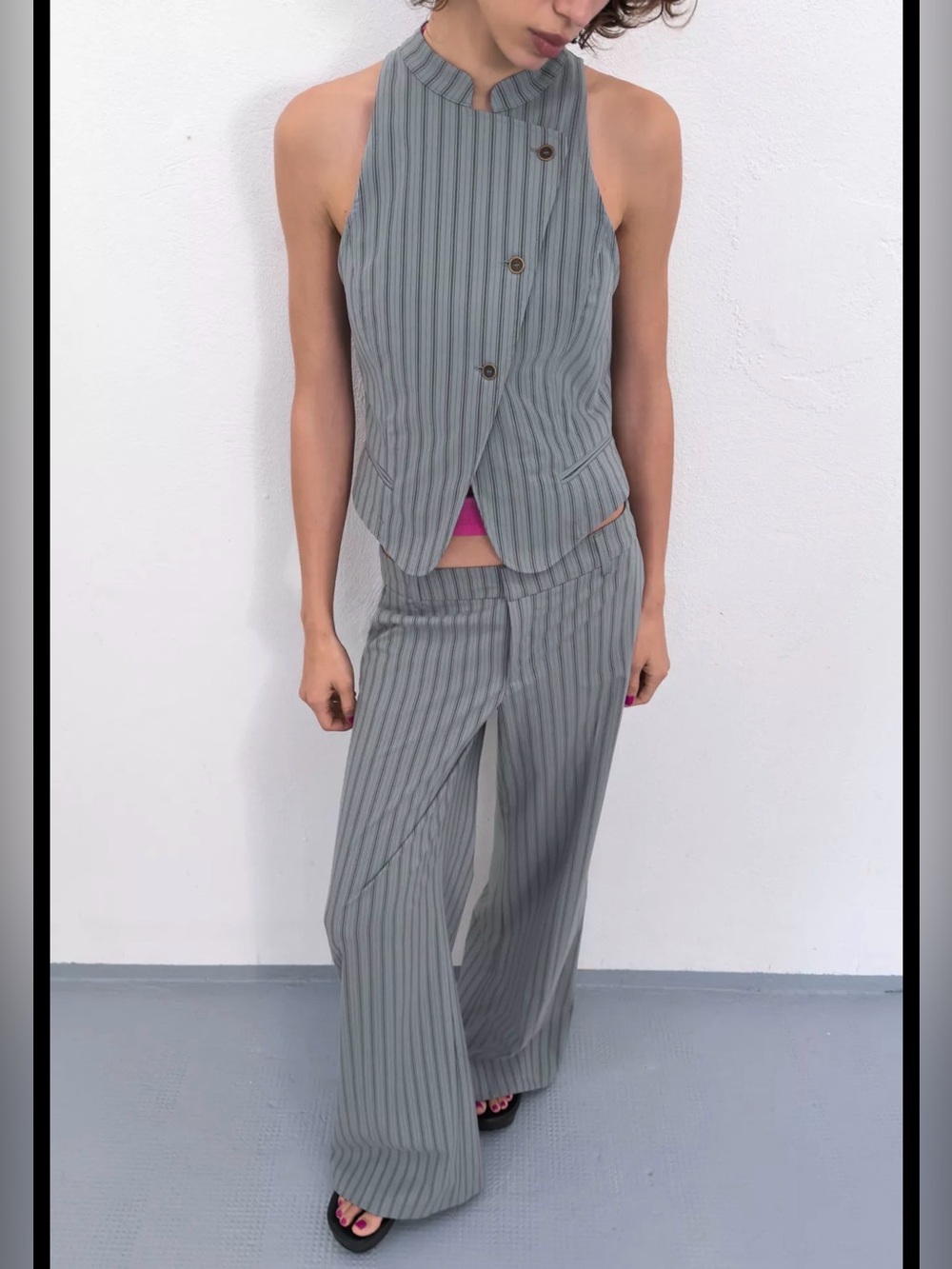 Zara Light Blue/Gray Striped Wrap Vest Set
